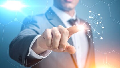 Businessman in suit interacting with virtual network connections and glowing points