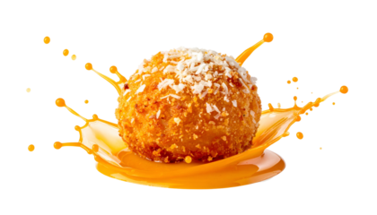 Crispy golden sphere with coconut flakes atop an orange sauce splash against black