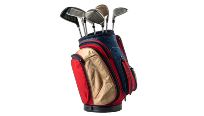 A colorful golf bag with clubs on a solid black background