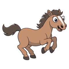 Playful brown cartoon horse galloping with joyful expression, a vibrant and friendly equine character illustration perfect for children's designs and media
