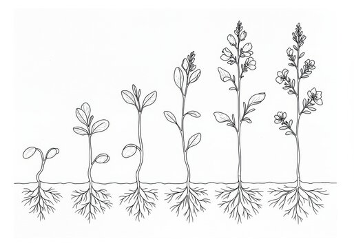 Plant Growth Stages Seed to Flower Line Drawing Illustration