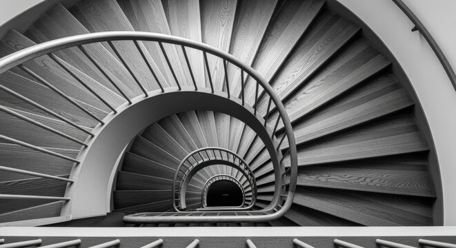 Monochrome Spiral Staircase Ascending with Wooden Steps and Metal Railing in an Architectural Interior - Powered by Adobe