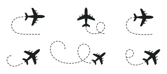Collection of Airplane Icons with Dotted Lines Representing Air Travel Journeys and Routes