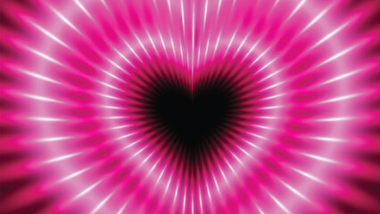 A abstract glowing pink heart shape with radial light beams tunnel effect.