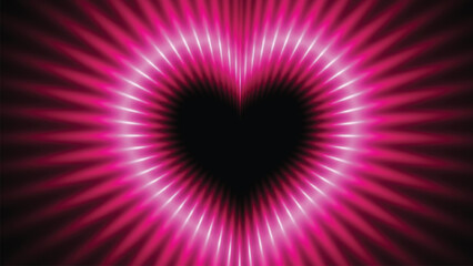 A vibrant pink neon heart shape with light rays on black background for love and romance themes.