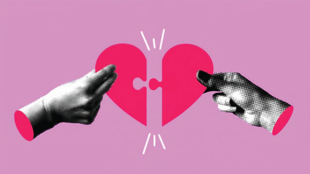 Two hands bringing together two halves of a heart     shaped puzzle piece against a vibrant pink background, symbolizing connection and partnership.