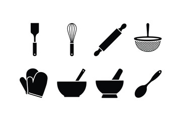 Kitchen utensils and tools for cooking and baking on white background spatula whisk.