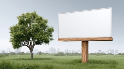 Billboard Mockup Displaying Advertisement Opportunities with a Tree in a Grassy Field and Distant City Skyline