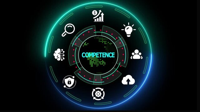 Competence concept with circular digital dashboard, skills icons, performance analytics and professional capability visualization.