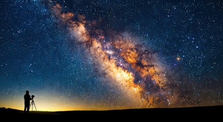 Photographer Capturing the Majestic Milky Way: A Stunning Nightscape with Vibrant Galactic Core and Silhouette