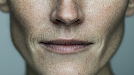 Obraz premium Close-up Portrait of a Person Showing Natural Skin Texture and Genuine Emotion in Soft Light With Space for Text Below