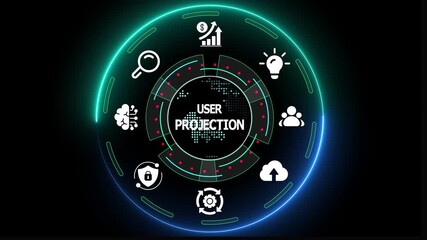 User projection concept with circular digital dashboard, analytics icons, forecasting data and business visualization. - Powered by Adobe
