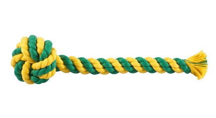 Yellow and green braided rope toy for dogs dog toy isolated on a transparent background