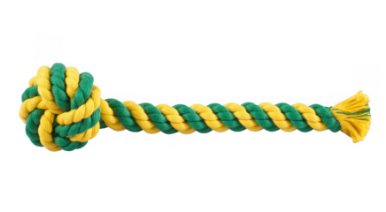 Yellow and green braided rope toy for dogs dog toy isolated on a transparent background
