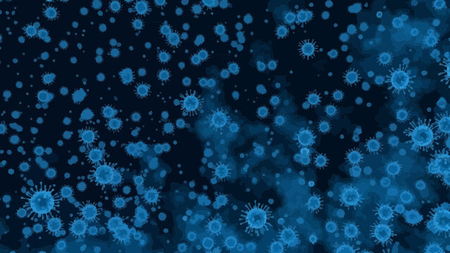 Blue virus particles floating on a dark background with subtle smokey effects - Powered by Adobe