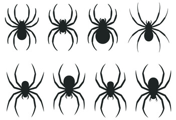Collection of stylized spider icons and symbols for Halloween and graphic design