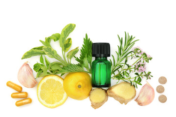 Hayfever relief natural and pharmaceutical drug treatments for summer allergies, herbs, spice, fruit, capsules and tablets, green tincture bottle on white. 