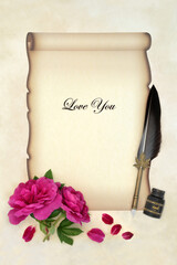 Love you letter for Valentines Day with red wild rose flowers on paper scroll on parchment with quill pen, ink bottle. Rosa Rugosa. Text, phrase.