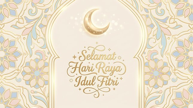 Elegant Selamat Hari Raya Idul Fitri Greeting with Crescent Moon and Intricate Floral Pattern