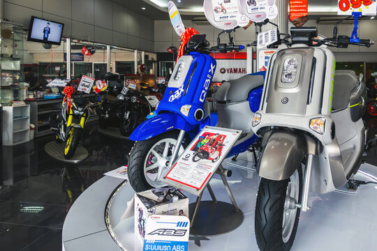 KANCHANABURI, THAILAND -JULY 15, 2019 : Special discounted beautiful new Yamaha motorcycles and accessories for sale at Lo Heng Mong Sales and Service. Motorcycles and scooter on display for sale.