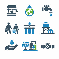 Icons illustrating water conservation and sustainability initiatives across various systems