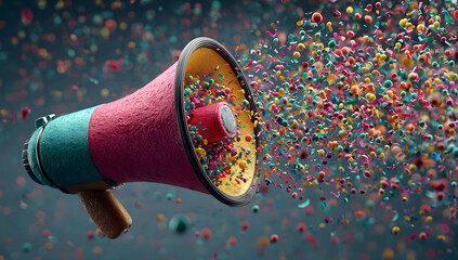 Megaphone announces a burst of confetti colorful celebration a vibrant explosion of joy and news colorful fragments float in mid air event promotion