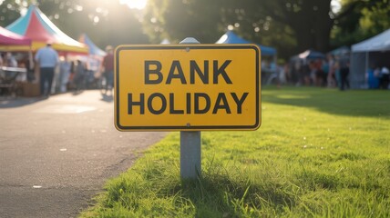 Obraz premium Bank holiday sign at outdoor event with people and tents