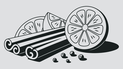 Cozy Aromatic Spice and Citrus Blend Illustration for Culinary and Festive Themes, Featuring Cinnamon Sticks, Orange Slices, and Cloves