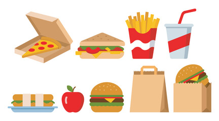 Collection of fast food icons including pizza, sandwich, fries, soda, apple, and burger