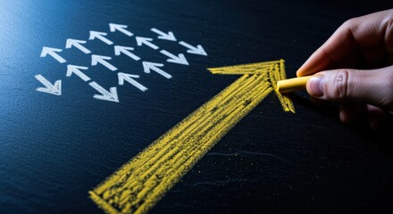 Leadership concept with hand drawing arrow pointing upwards, symbolizing business growth and strategic direction on dark backdrop