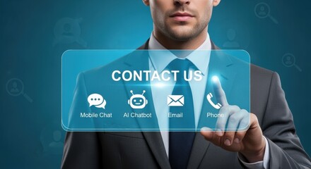 Contact Us Technology Interface: Businessman Activating Communication Channels via Touchscreen for Business Solutions