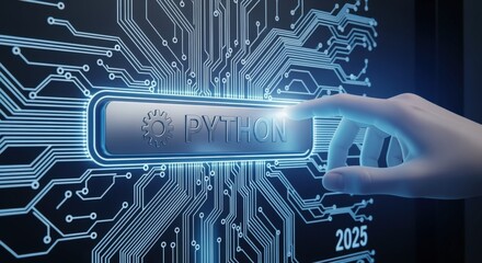 Advanced technology interface with button, programming language, digital transformation concept, automation, futuristic technology, and software development