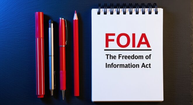 Freedom of Information Act Concept with Notepad, Pens, and Pencil on Dark Background
