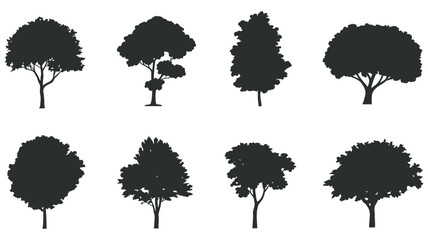Collection of diverse tree silhouettes in various shapes for natural landscape designs and ecological graphics representing foliage types