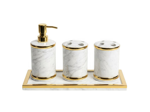 Luxurious marble bathroom accessory set isolated on transparent background