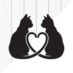 Cat Couple Silhouette with Heart Tail Love Illustration
