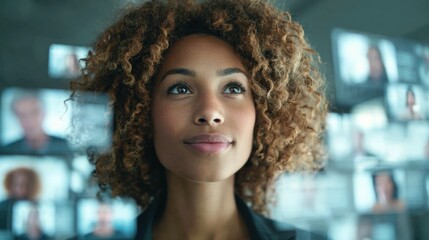 Confident African American Woman Surrounded by Digital Displays Showcasing Global Connection and Modern Technology