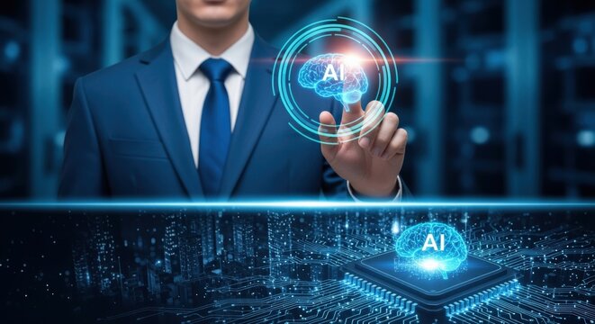 Businessman using AI technology, futuristic interface, neural network, machine learning and automation in modern business - Powered by Adobe