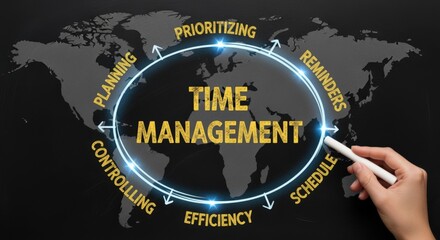 Effective Time Management Strategies Shown on World Map, Emphasizing Prioritization, Scheduling, and Efficiency for Global Productivity