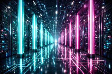 Futuristic data center corridor with glowing server racks and neon lights, cloud computing infrastructure, cybersecurity, and high performance data storage concept