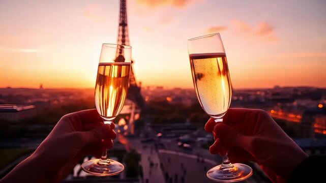 Paris, France, Europe. A sunset view of the Eiffel Tower and cityscape from a balcony, with a hand holding a glass of champagne. The sky is painted in warm hues of orange and pink.