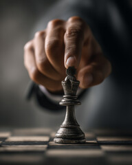 Close Up of a Businessman Hand Moving the King Piece on a Chess Board for Strategy