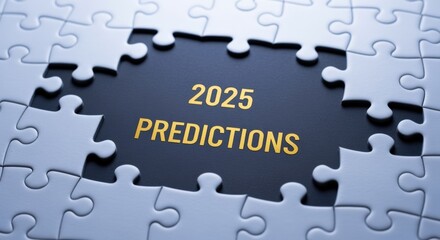 Fototapeta premium Puzzle Pieces Surrounding a Dark Void with 2025 Predictions, Symbolizing Future Outlook and Strategic Planning