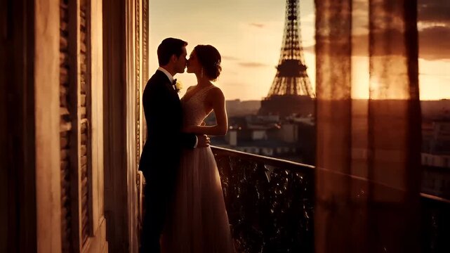 Paris, France, Europe. A romantic wedding scene set against a sunset backdrop with the Eiffel Tower in the distance. The bride and groom are captured in a tender moment.
