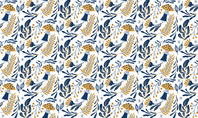 Whimsical pattern of mushrooms and foliage in blue and yellow, perfect for textile and paper design