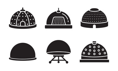 Industrial dome and futuristic bio habitat structure icons representing sustainable architecture or storage tanks in black silhouette style © Mizanur Rahman