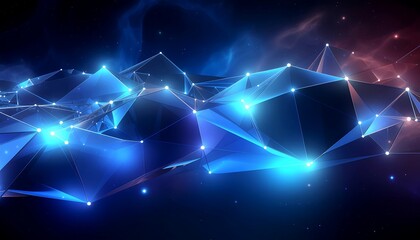 Glowing blue geometric shapes connected by lines and dots in a dark space