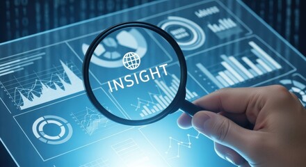 Data Analysis Insight: Hand Holding Magnifying Glass Over Digital Charts and Graphs Displayed on a Screen