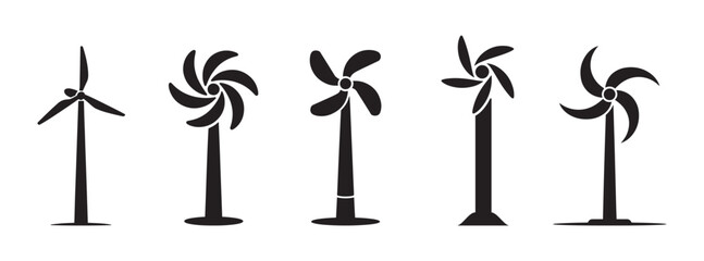 Renewable energy wind turbine silhouette icons with various propeller designs for sustainable power generation and wind farm concepts