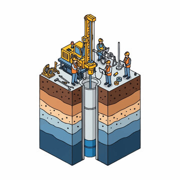 Isometric illustration of geological drilling and soil investigation.